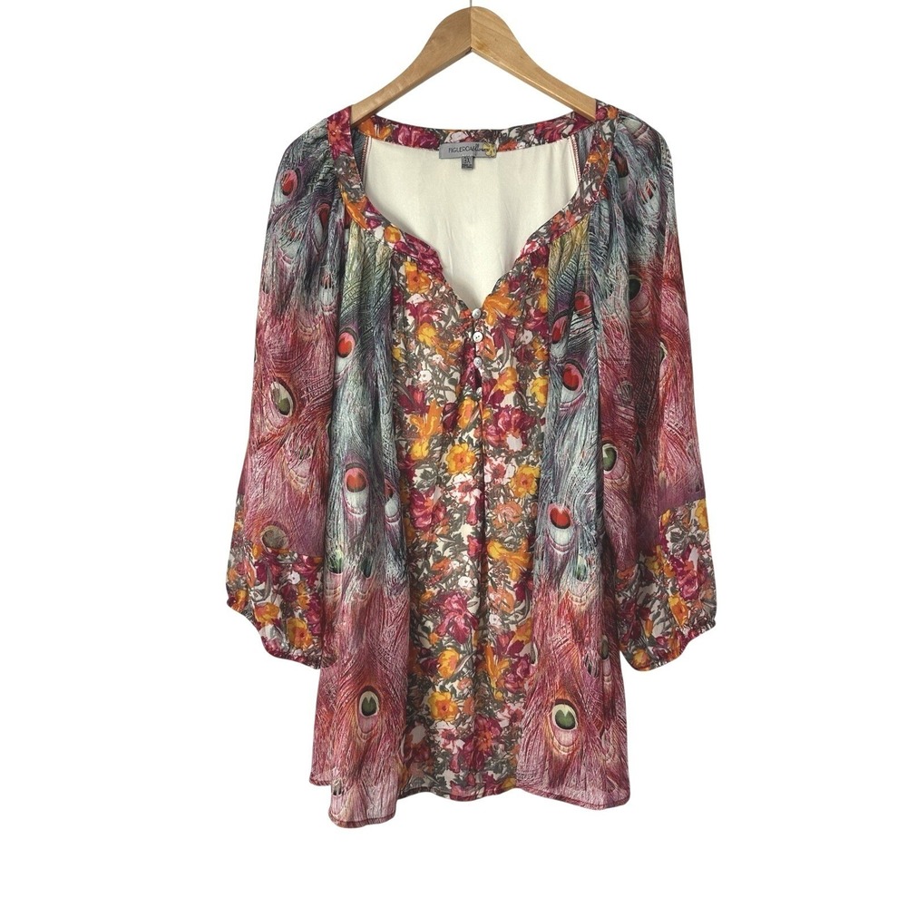 Figueroa & Flower Boho Semi Sheer Top Womens Size 3X Peacock Floral Print Blouse